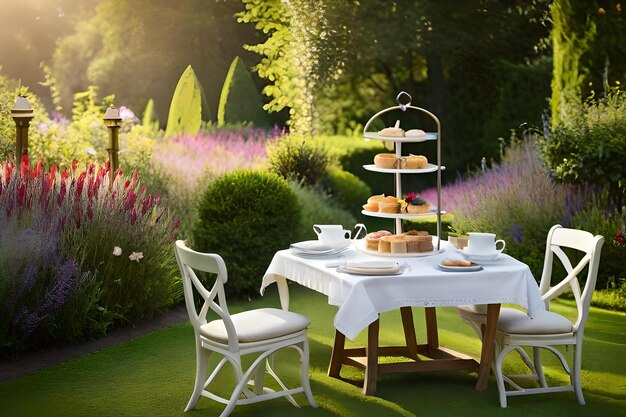 Un jardin avec une table et un gâteau dessus