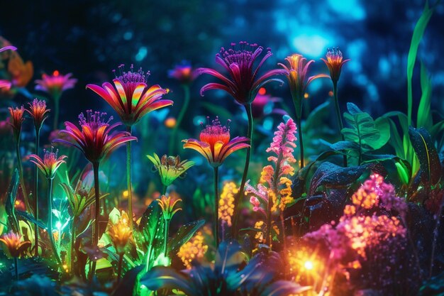 Photo un jardin en technicolor avec des fleurs au néon