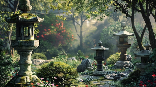 Jardin de thé japonais serein avec une lanterne en pierre et une verdure luxuriante