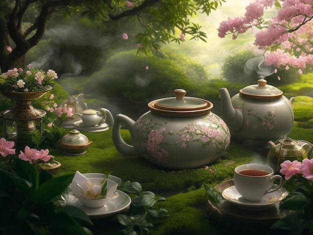 Jardin de thé avec des tasses de thé fumantes beau jardin de thé Joyeux jour national du thé chaud