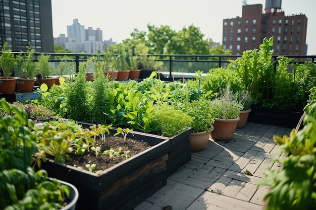 Un jardin sur le toit avec divers légumes et herbes bâtiments de la ville en arrière-plan