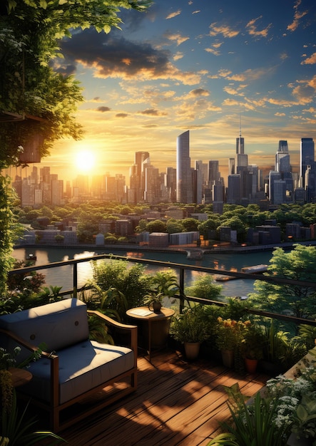Jardin sur le toit urbain avec beaucoup de verdure luxuriante vue sur les sièges Generative Ai