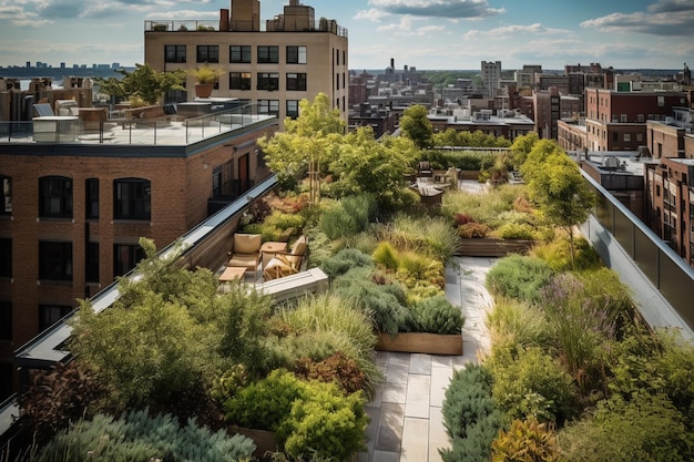 Un jardin sur le toit avec vue sur la ville en arrière-plan