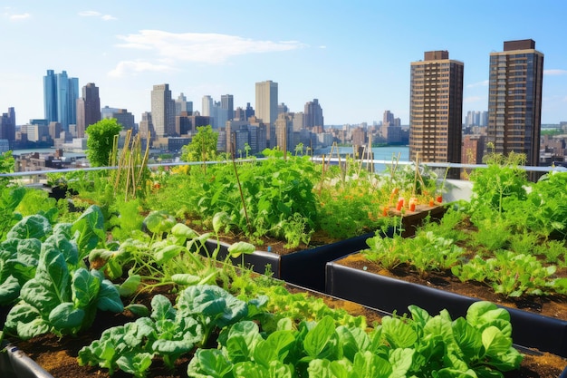 Photo jardin sur le toit avec vue sur la ville oasis urbaine au milieu des horizons