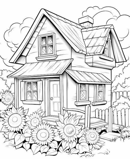 Jardin de tournesols amusant pour enfants Page de coloriage avec une charmante maison de dessins animés