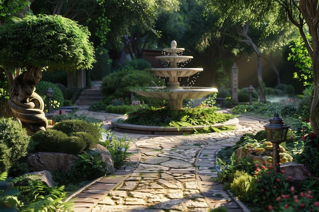 Un jardin tranquille avec une fontaine de pierre et des vents