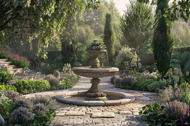 Un jardin tranquille avec une fontaine de pierre et des vents