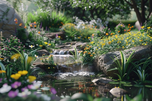 Un jardin tranquille avec un ruisseau bavardant