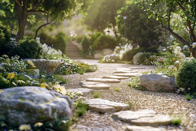 Un jardin tranquille avec un sentier de pierre