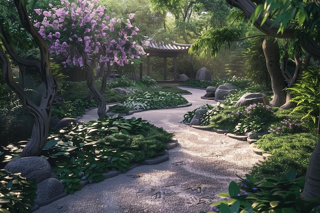 Un jardin tranquille avec un sentier sinueux