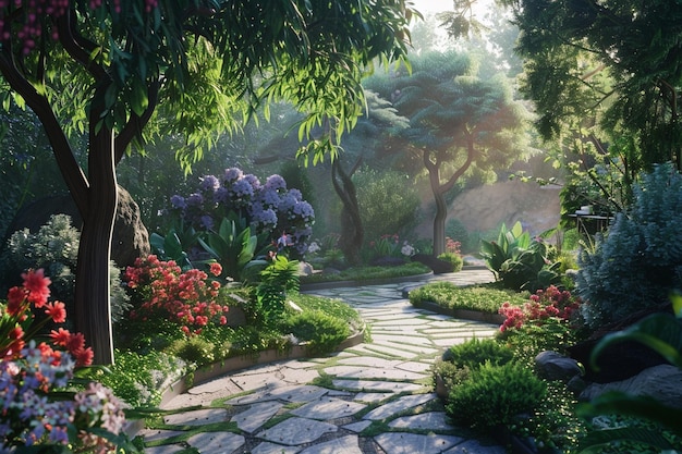 Un jardin tranquille avec des sentiers sinueux