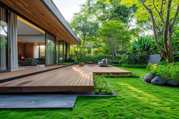 Un jardin tranquille avec une terrasse en bois et de grandes fenêtres en verre sur une maison d'architecture moderne entourée d'une verdure vibrante et d'arbres en fleurs