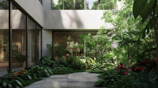 Jardin tropical dans la cour d'un bâtiment moderne IA générative