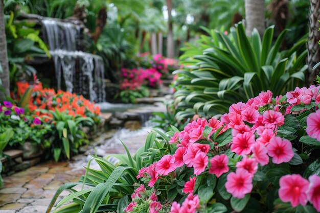 Jardin tropical avec des fleurs et une cascade