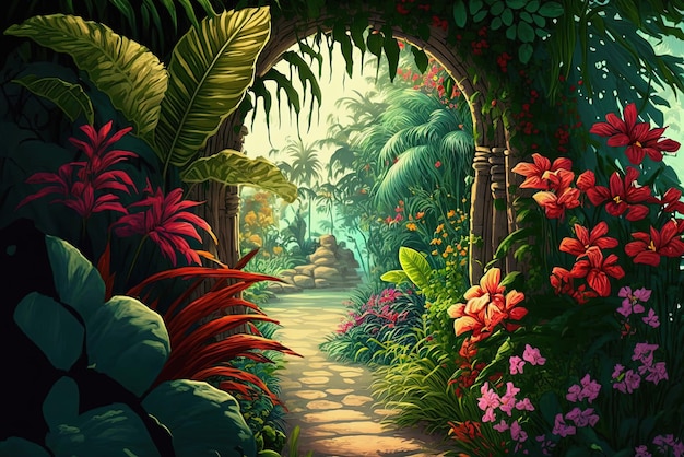 Jardin tropical avec fleurs et chemin secret Generative AI