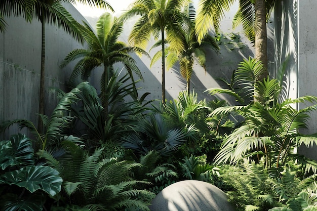 Photo jardin tropical avec des palmiers, des fougères et des plantes