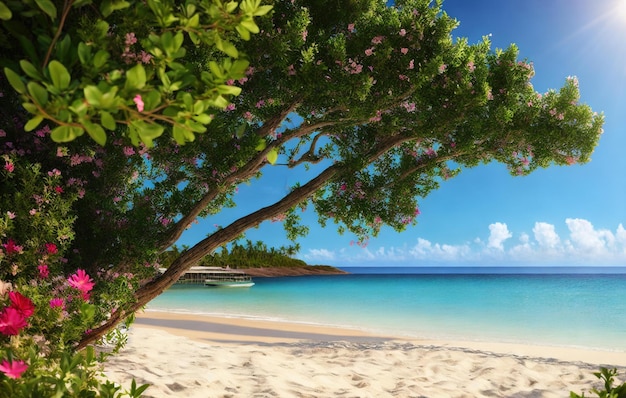 jardin tropical de plage avec eau et fleurs