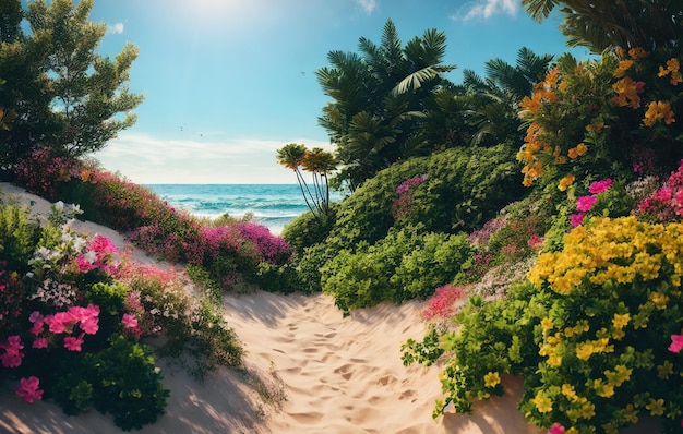 jardin tropical de plage avec eau et fleurs