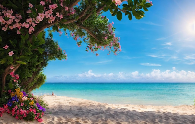 jardin tropical de plage avec eau et fleurs