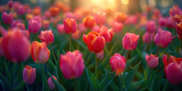 Un jardin de tulipes lumineux soufflé par le vent brouille l'arrière-plan avec un éclairage bokeh