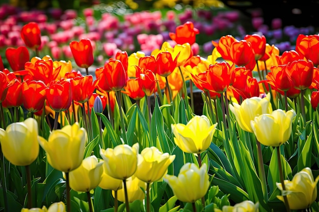 Jardin de tulipes de printemps avec gros plan de tulipes en fleurs et feuillage vert