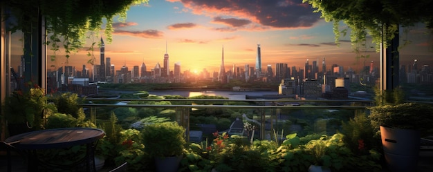 Jardin urbain sur le toit avec beaucoup de verdure luxuriante, vue panoramique Generative Ai