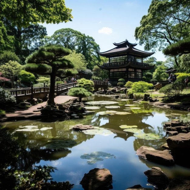 Jardin vert tranquille avec des formations rocheuses, des reflets et des éléments japonais traditionnels.