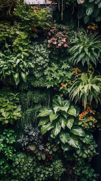 Jardin vertical plante ornementale fond toile de fond portrait fougère vigne feuilles vertes nature papier peint mur décoratif