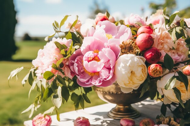 Jardin de la vie à la campagne et décor floral bouquet de fleurs de pivoine dans la campagne style cottage campagne ai générative