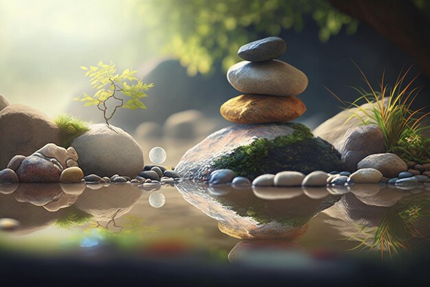 Photo un jardin zen avec un arbre et des rochers