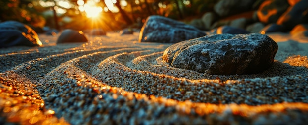 Jardin zen au lever du soleil avec des motifs de roches et de sable