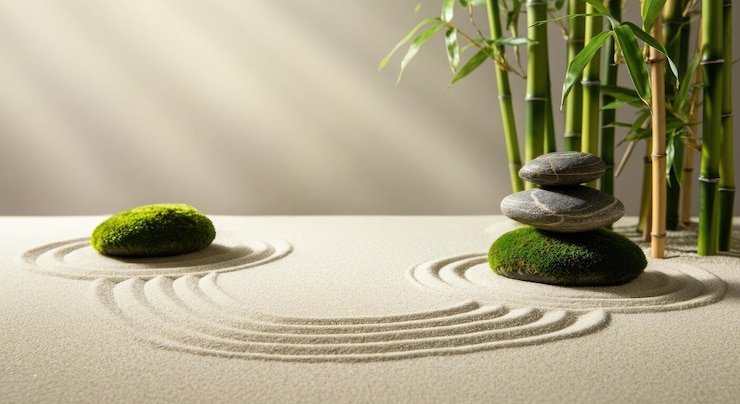 Photo jardin zen avec du sable râpé, des pierres empilées et du bambou créant une atmosphère sereine