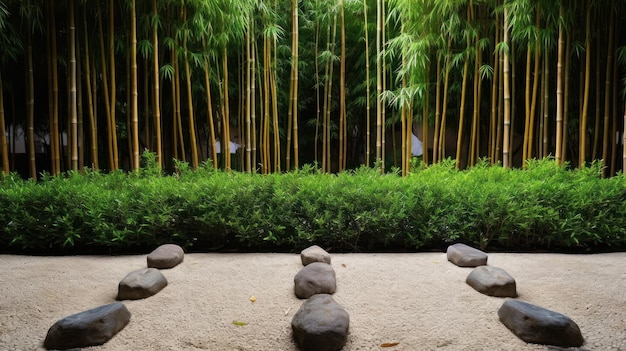 Un jardin zen avec une forêt de bambous en arrière-plan