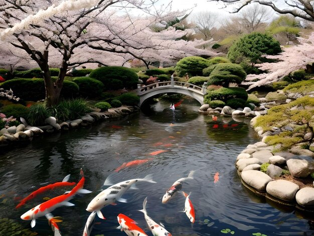 Jardin zen japonais avec des cerisiers en fleurs et des poissons Koi dans l'illustration de l'étang