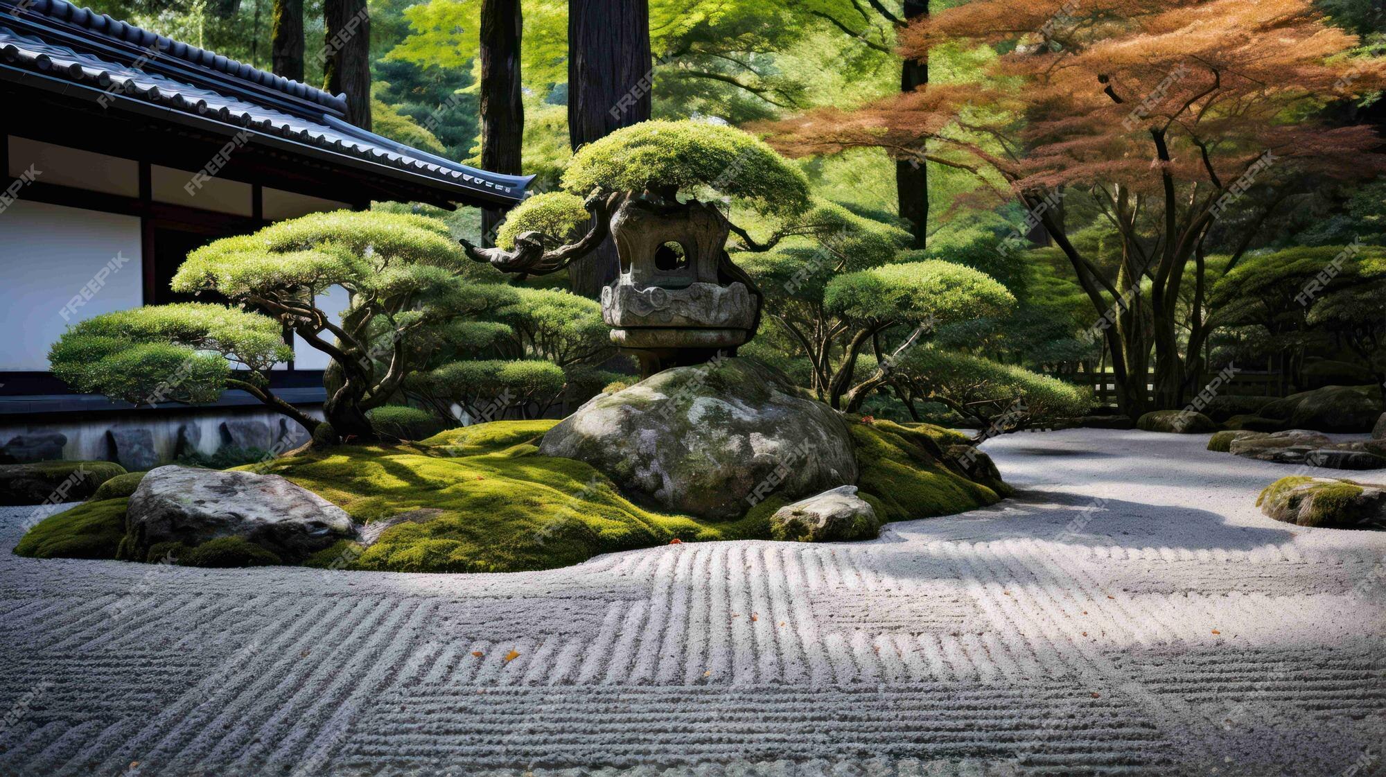 Jardin Zen Japonais Paisible Avec Bonsaï