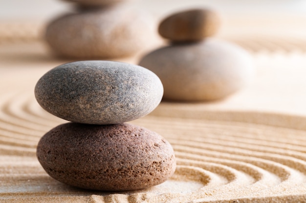 Jardin zen japonais avec pierre dans le sable ratissé