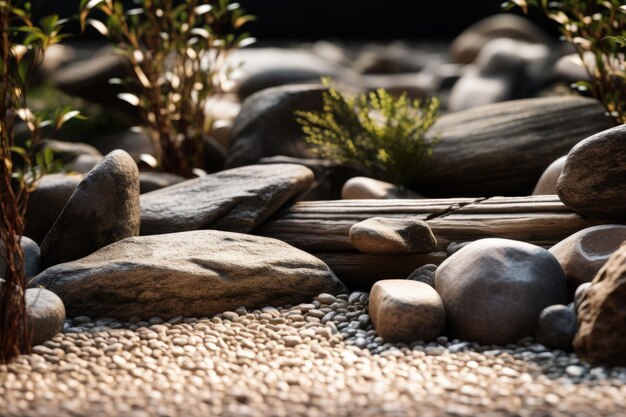 Jardin zen japonais Des pierres en rangées dans le sable et les rochers pour la relaxation et la concentration Illustration d'IA générative