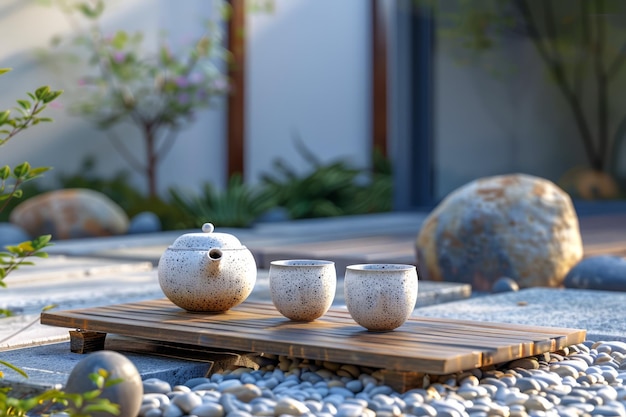Jardin zen japonais serein avec thé sur plateau en bois, cailloux et rochers en plein air tranquille