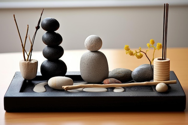 Jardin zen miniature avec des pierres parfaitement équilibrées sur un bureau créé avec une IA générative