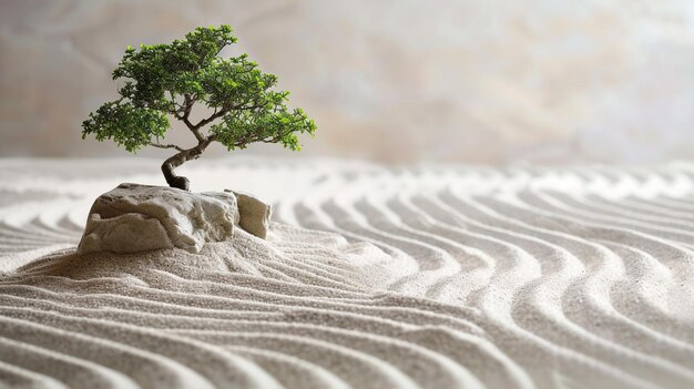 Jardin zen minimaliste avec du sable râpé, des pierres lisses et des bonsais