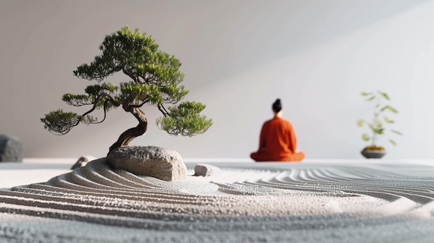 Photo jardin zen minimaliste avec du sable râpé, des pierres lisses et des bonsais