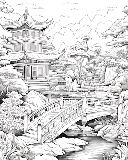 Jardin zen oriental style de page à colorier artistique