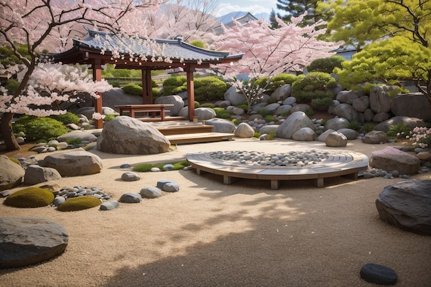 Un jardin zen paisible, de beaux paysages, des cerisiers en fleurs, des images de fond.