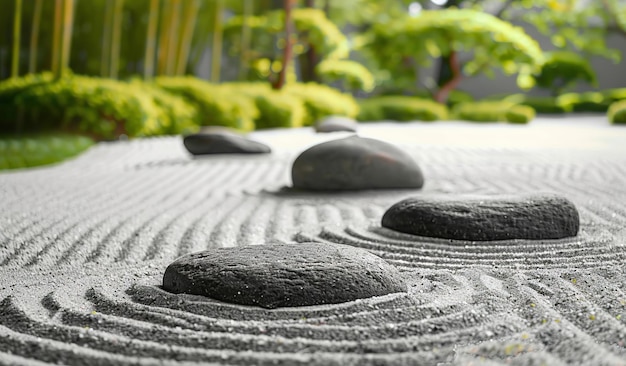 Jardin zen serein avec du sable râpé et des pierres lisses