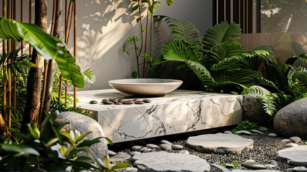 Un jardin zen tranquille avec un podium d'exposition de produits en marbre