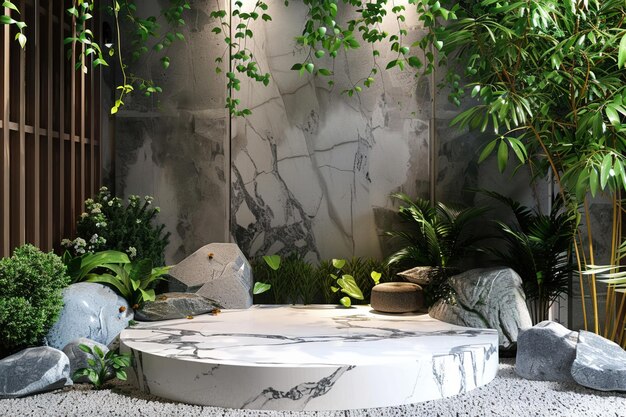 Un jardin zen tranquille avec un podium d'exposition de produits en marbre