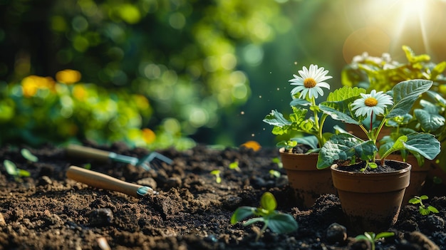 Jardinage un ensemble d'outils pour un jardinier et des pots de fleurs dans un jardin ensoleillé