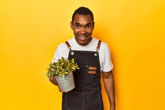 Jardinier afro-américain avec une plante jaune en studio en train de rire et de s'amuser