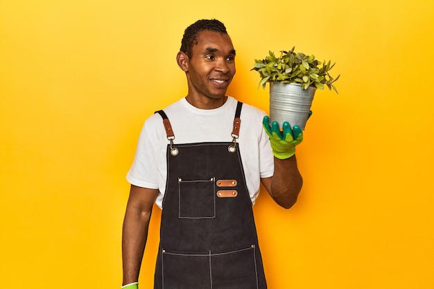 Photo jardinier afro-américain tenant une plante dans un studio jaune