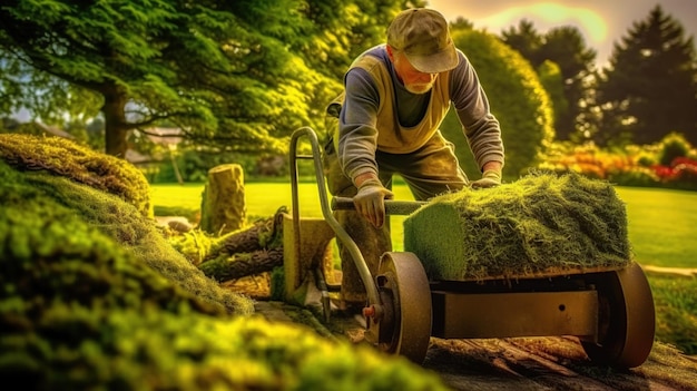 Un jardinier aménage du gazon pour une nouvelle pelouse